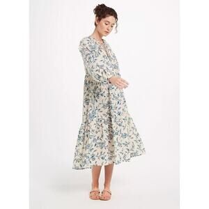 Matta Maya Birdsong Boho Floral Cotton Midi Dress XS Pockets Cream Blue